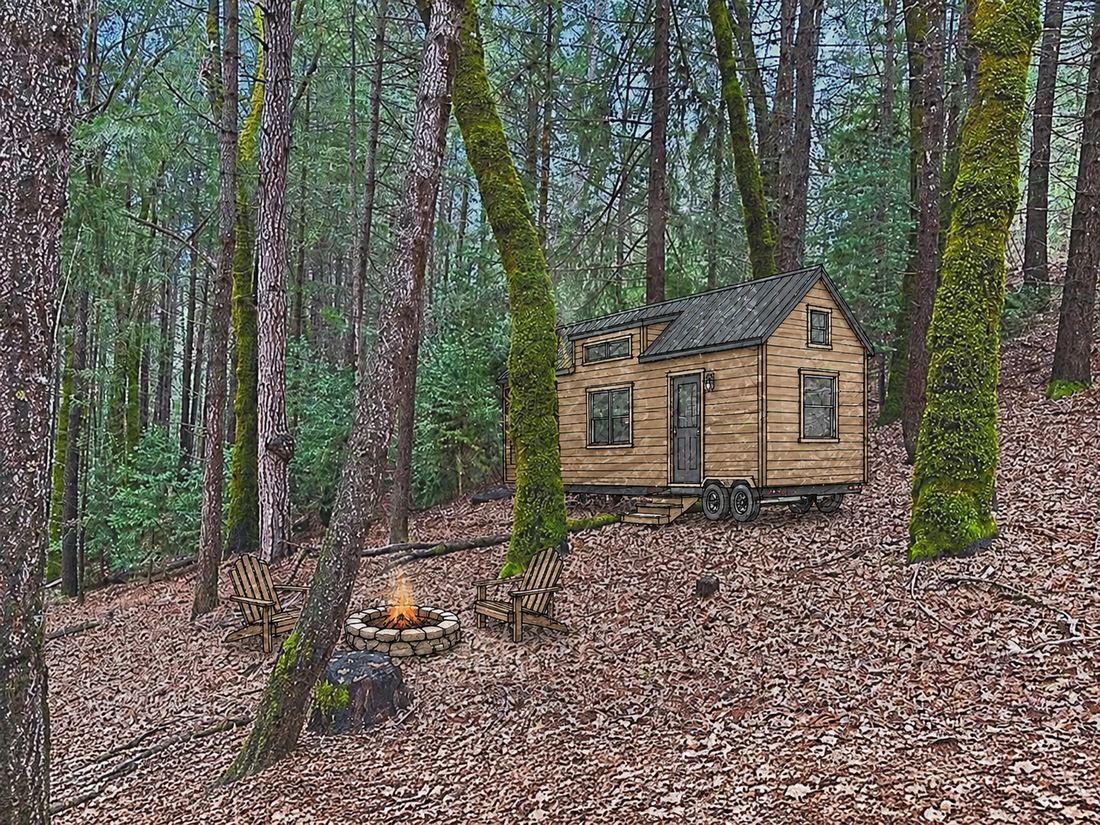 Concept illustration: a tiny home on wheels parked among the trees beside a stone fire ring and two chairs